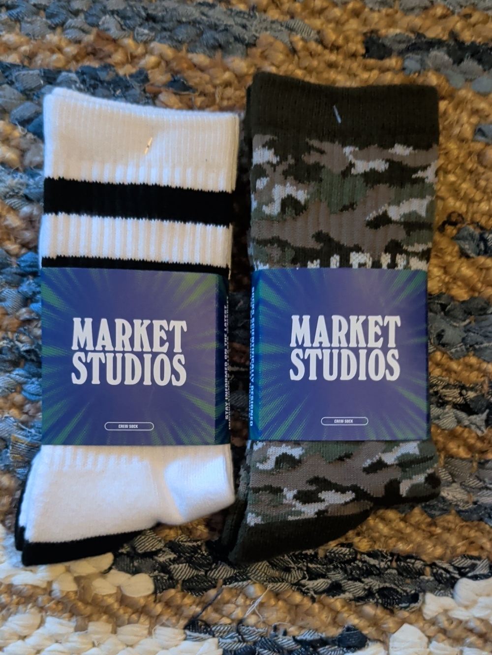 Market Studios Men’s Athletic Socks - White Stripe & Green Camo (2-Pack)